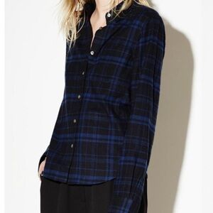 Equipment Blue and Black Plaid Button Down Shirt Kate Moss
